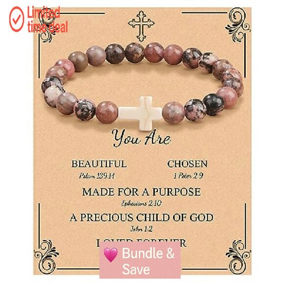 Christian Cross Stretch Bracelet Natural Stone Beads Faith Jewelry Gift - Picture 2 of 8